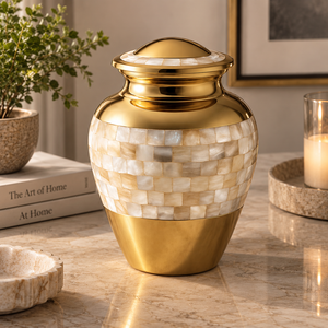 Urne en laiton ornée avec un design en mosaïque de nacre et une finition dorée pour la décoration de table à la maison - Product Image 1