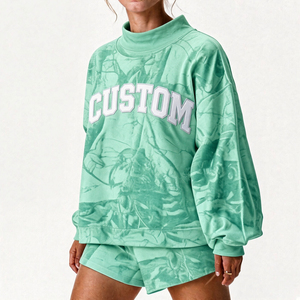 <b>Women</b>’s Custom Printed Oversized <b>Shorts</b> Two Piece Casual Outfit <b>Long</b> Sleeve High Neck Wholesale Clothing Style <b>Women</b> Set - Product Image 2