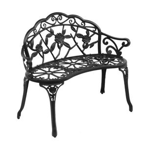 Outdoor Cast Aluminum Rose Pattern Black Patio Bench with Curved Legs for Porch or Deck - Product Image 1