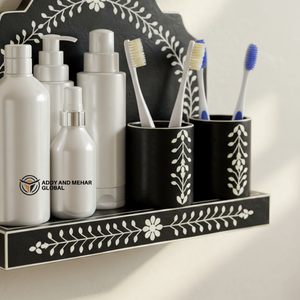 ชั้นวางของในห้องน้ำลายดอกไม้สีดำ ชั้นวางของติดผนังโค้งทำจากไม้ พร้อมที่วางแปรงสีฟัน - Product Image 5