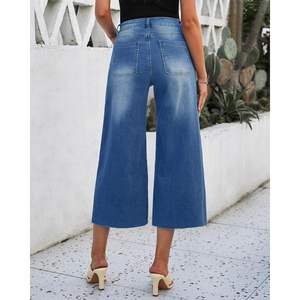 2025 Trendy High Waisted <b>Women's</b> Wide Leg Capris for Raw Hem Stretchy Denim <b>Cropped</b> Pants <b>Jeans</b> for Raw Hem Stretchy - Product Image 2