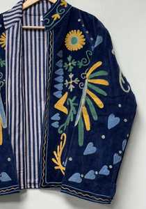 Luxury Handmade Stunning Blue <b>Velvet</b> Suzani Embroidered Jacket Boho Floral Peace Statement Kimono <b>Coat</b> Indian Artisan Outerwear - Product Image 5
