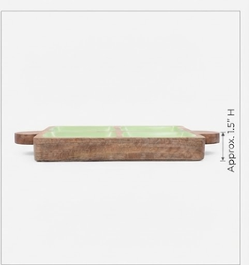 Wooden <b>Square</b> Tray With Three Green Enamel Compartments Rustic Design Handle - Product Image 3