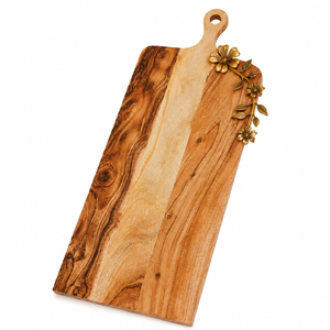 Tabla de charcutería redonda de madera de acacia al por mayor con diseño decorativo de flor de loto blanca, bandeja para servir queso hecha a mano - Product Image 5
