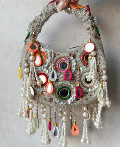 Handcrafted Beaded Half Moon Evening <b>Bag</b> with Mirror Work and <b>Pearl</b> Tassel Fringe - Product Image 1