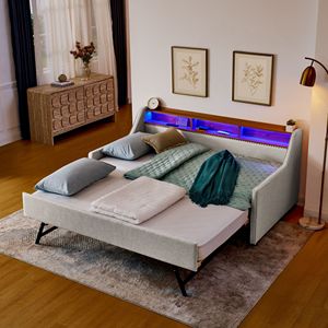 Twin-Size Upholstered Sofa Bed with Adjustable Headboard & Three LED <b>Lights</b> Foldable Legs & Storage Convenient <b>Pull</b> Trundle Bed - Product Image 1
