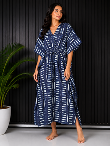 Robe longue en coton biologique pour femme, col en V, manches courtes, imprimé floral, coupe ample, fermeture à cordon, printemps, automne, été - Product Image 1
