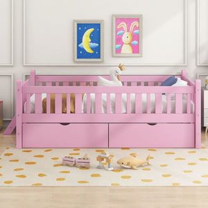 Letto a piattaforma in legno rosa per bambini, singolo, con sponda di sicurezza e 2 cassetti - Product Image 1
