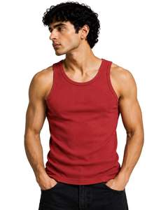 Camiseta sin mangas de algodón acanalado rojo personalizada para hombre, estilo casual, ajustada, para verano, gimnasio, chaleco elástico, camiseta interior, top personalizado. - Product Image 1