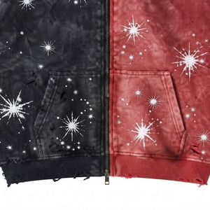 Sweat-shirt à capuche zippé pour homme, style vintage, effet délavé, imprimé étoiles, color block noir et rouge, streetwear déchiré - Product Image 5