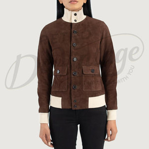 Women Dark Brown Genuine <b>Suede</b> Leather Bomber <b>Jacket</b> Cream Ribbed Trim Slim Fit Premium Goat <b>Suede</b> Casual Winter Outerwear Fashi - Product Image 6