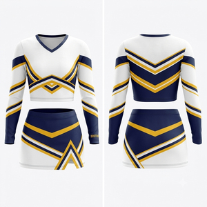 Cheerleading Uniform Set <b>White</b> Navy Gold <b>Long</b> Sleeve <b>Skirt</b> Kit Children Sublimation Print Liner Custom Team Name Number - Product Image 2