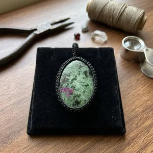 Natural <b>Ruby</b> Zoisite Macrame Pendant <b>Necklace</b> Handmade Boho Jewelry for Women, Adjustable Cord - Product Image 2