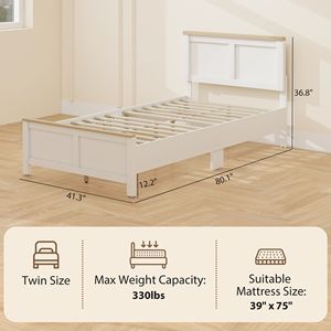 Cadre de lit double moderne avec tête de lit, lit plateforme en bois blanc, montage facile, aucun sommier tapissier nécessaire, lattes en bois incluses - Product Image 3
