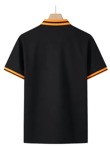 Men's Black <b>Polo</b> Shirt Short Sleeve Knitted Solid Color Casual Style <b>Orange</b> Trim Collar and Cuffs - Product Image 3