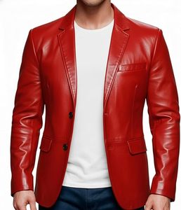 Men's Red Leather Blazer <b>Smart</b> <b>Casual</b> Single Breasted Turn-down Collar Regular Sleeve Solid Color Autumn Wear - Product Image 1
