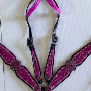 Printed colour Alligator Inlay With Rhine Stone Western Leather Headstall and Breast Collar Tack Set for the Horse - Product Image 3
