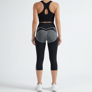 Leggings Capri sans couture taille haute pour femme, colorblock, avec dos en dentelle, séchage rapide, pour entraînement, fitness, gym, yoga - Product Image 2
