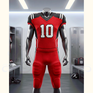 Ensemble d'uniformes de football américain pour hommes, rouge et noir, sans manches, col en V, évacuation de l'humidité, numéros d'équipe sublimés 10, taille élastique en maille - Product Image 2