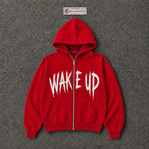 Sweat-shirt à capuche surdimensionné rouge avec fermeture éclair, imprimé graphique Wake Up, streetwear pour homme, fermeture éclair intégrale, sweat-shirt à capuche décontracté, mode urbaine, vêtements d'hiver - Product Image 5