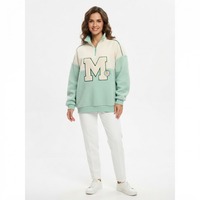 Sweat-shirt à manches longues pour femme, vert crème à carreaux, avec fermeture éclair quart de tour, imprimé lettres floquées, style preppy, pour l'automne