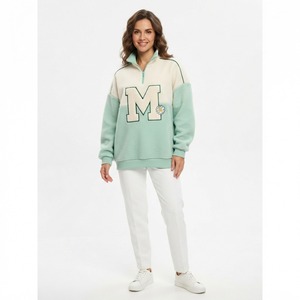 Sweat-shirt à manches longues pour femme, vert crème à carreaux, avec fermeture éclair quart de tour, imprimé lettres floquées, style preppy, pour l'automne - Product Image 4