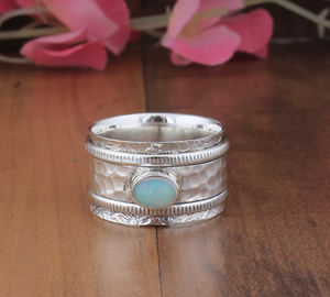 Natural Fair Opal Classic Wedding <b>Ring</b> 925 Sterling <b>Silver</b> <b>Spinner</b> Beaded Bridal Band Gemstone for Women - Product Image 1