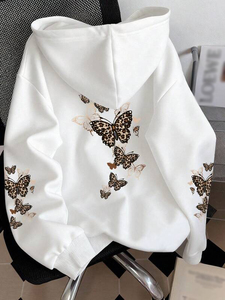 White Women's Oversized Butterfly Graphic Print Hoodies Cotton Blend <b>Back</b> Sleeve Print <b>Drop</b> Shoulder Private Label Bulk Order - Product Image 2