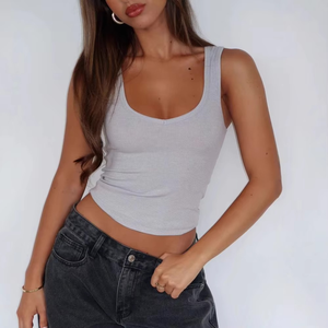 Débardeur en jersey tricoté à col carré pour femme, décontracté, respirant, en spandex et polyester, coupe courte, couleur unie, ajusté, devant uni - Product Image 4