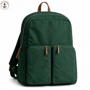 Forest Green Canvas Student Backpack Twin Pockets | College School <b>Bag</b> with Zipper Closure and Brown Trim for Daily Carry Use - Product Image 1