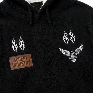 Custom Black Sherpa Lined White Tribal Flame <b>Sleeve</b> Embroidery Oversized Polar Fleece <b>Hoodie</b> - Product Image 6