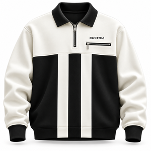 Sweat-shirt personnalisé en gros, noir et blanc, à blocs de couleur, avec col contrastant, fermeture éclair frontale et poche, style streetwear, pull-over - Product Image 1