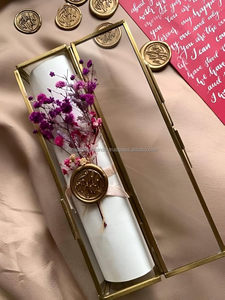 Elegant Eco-friendly Modern Glass Brass Scroll <b>Box</b> <b>for</b> <b>Wedding</b> Invitation <b>Cards</b> Long Rectangular Design Clear Panels Hinged Lid - Product Image 1