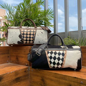 New Hand Tooled Cowhide Leather Checkered Pattern Duffel Bag Western Overnight Travel Bag Genuine Leather Duffle Bags for Unisex - Product Image 4