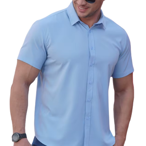 Camisa de Manga Corta para Hombre, Corte Slim, Informal, Ligera, Transpirable, Teñida con Hilo, Mezcla de Algodón Ecológico, con Logotipo Personalizado - Product Image 4