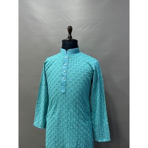 FANCY RAYON BORDADO SECUENCIA TRABAJO HOMBRE KURTA PIJAMA SKY - Product Image 3