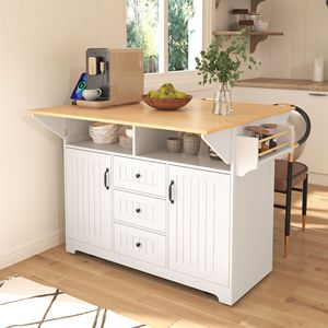 55.7\" Large Rolling Kitchen Cart with 5 Wheels 2 Drop Leaf & Power Outlet <b>Folding</b> Storage <b>Dining</b> <b>Table</b> Kitchen Islands & Carts - Product Image 1