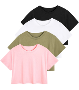 T-shirt court à manches courtes pour femme, col montant, uni, décontracté, pour le sport, le yoga, l'été, 100% coton, coupe ample - Product Image 1