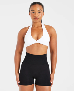 Ensemble de sport 2 pièces léger pour femme, couleur unie, tricoté, avec haut dos nu et short taille haute noir, tenue de yoga toutes saisons - Product Image 1