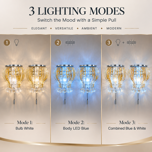 Applique murale moderne en acier inoxydable et verre cristal avec interrupteur à chaîne, éclairage trois voies E14, lot de deux pour hôtel - Product Image 2