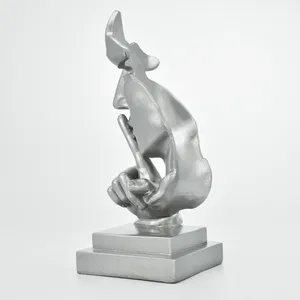 Sculpture en résine abstraite, figurine artistique, décoration de table, design contemporain, 6 pouces, visage argenté avec doigt sur les lèvres - Product Image 4