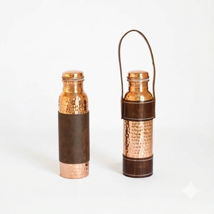 Handmade Pure Copper Water <b>Bottle</b> with Leather Sleeve, 1000ml Hammered Copper <b>Flask</b>, Ayurvedic Health Benefits Sports <b>Bottle</b> - Product Image 4