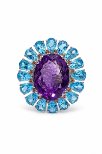 Bague de cocktail ovale en améthyste et topaze bleue, en argent sterling 925 plaqué rhodium, sertie à griffes, de luxe, pour femme, pour mariage et soirée - Product Image 2