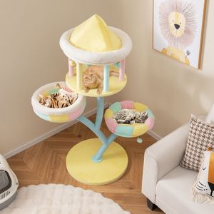 Árbol rascador multinivel para gatos - 2 perchas desmontables, postes rascadores y juguetes colgantes - Centro de actividades acogedor de piel sintética para gatos - Product Image 3