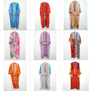 Vintage Summer Patchwork Silk V-neck Drawstring Kimono Dress Free Size Maternity Gown Robe Beachwear Indian Recycled Sari - Product Image 1