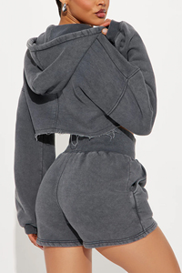 Women's Acid Wash <b>Distress</b> Crop <b>top</b> Hoodie Shorts Set Full Sleeve Zipper Gray Color Casual Tracksuit set summer set - Product Image 6