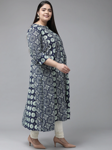 Blue Geometric Printed Cotton A LINE Kurti With Round Neck And Three Quarter Sleeves For <b>Plus</b> <b>Size</b> Women's Wear - Product Image 2