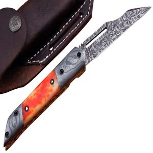 Couteau de chasse, camping, randonnée et voyage artisanal à lame fixe en acier Damas avec manche en bois et étui en cuir - Product Image 2