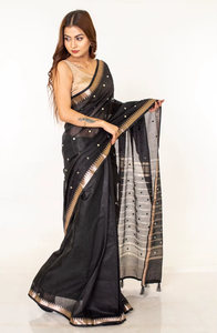 Sari en coton et soie noir à pois avec bordure dorée, style Bollywood, pour femme, idéal pour les mariages traditionnels indiens, anti-humidité, coupe classique - Product Image 3