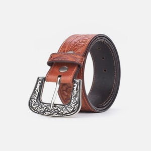 Ceintures en cuir véritable pour hommes, style western, noir et marron, avec boucle florale, gravure personnalisée du logo, vente en gros d'usine - Product Image 1